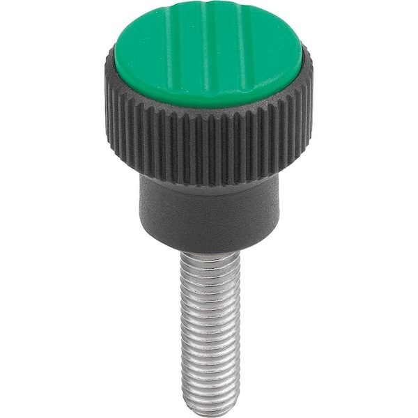 Kipp Knurled Knob Size:3 D=M10X30, D1=34, H=36, Plastic Black Ral7021, Comp:Steel, Cap:Green Ral6032 K0247.3102X30 - main